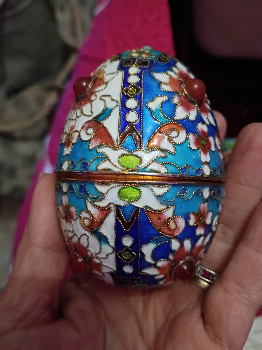 Ornate Blue Floral Cloisonné Egg Trinket Box